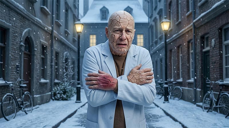 3D medical animation showing a man in a snowy winter environment with red, inflamed skin on his arm representing the "Vacuum Effect" of dry winter air ripping skin cells apart.