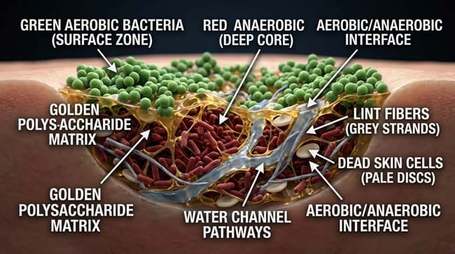 3D visualization of belly button bacterial biofilm ecosystem showing aerobic bacteria at surface anaerobic bacteria in deep core and complex polysaccharide matrix with over 2000 bacterial species