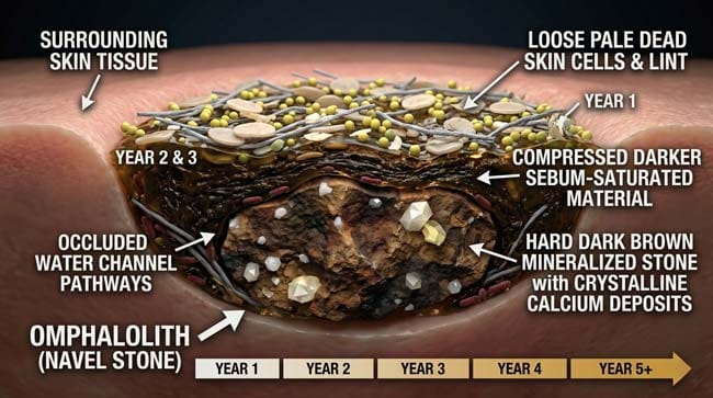 3D geological cross-section showing omphalolith belly button stone formation over years with distinct layers from loose dead skin accumulation to compressed sebum to hardened mineralized core