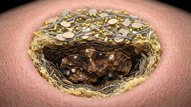 Extreme close-up macro image of a human belly button showing bacterial buildup and accumulated material illustrating why the navel hosts over 2000 bacterial species in a complex microbiome ecosystem