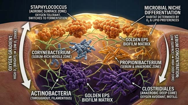 3D visualization of five major belly button bacterial species in their ecological niches showing Staphylococcus Corynebacterium Clostridiales Actinobacteria and Propionibacterium in a complex navel microbiome