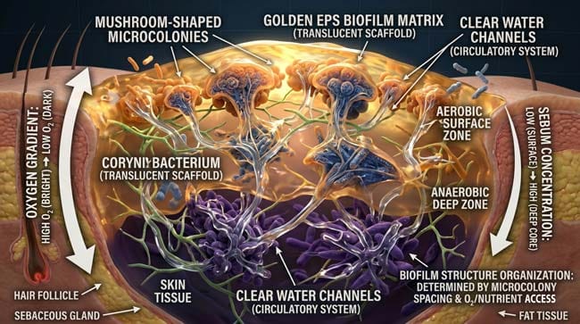 3D visualization of mature belly button biofilm architecture showing mushroom-shaped bacterial microcolonies golden EPS matrix water channels and dispersal of planktonic bacteria from the structured microbial community