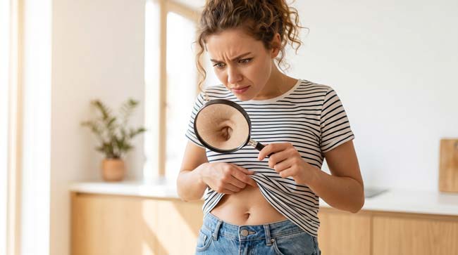 A woman examining her belly button with a magnifying glass looking fascinated and slightly disgusted illustrating the surprising science of belly button bacteria and the complex microbiome ecosystem living in the human navel
