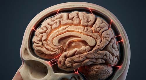 3D medical simulation of brain shrinkage due to dehydration showing brain tissue pulling away from the skull bone