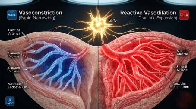 3D simulation of palatine blood vessel vasoconstriction and reactive vasodilation triggering sphenopalatine ganglion activation during brain freeze from cold food