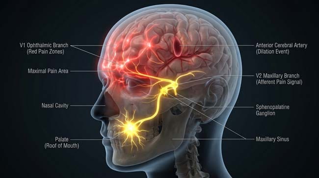3D visualization of trigeminal nerve referred pain pathway showing why brain freeze pain is felt in the forehead and behind the eyes instead of the mouth where cold contact occurred