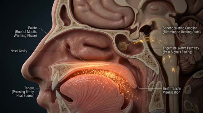 3D medical visualization showing how pressing tongue to roof of mouth stops brain freeze by warming the palate and deactivating the sphenopalatine ganglion pain signal