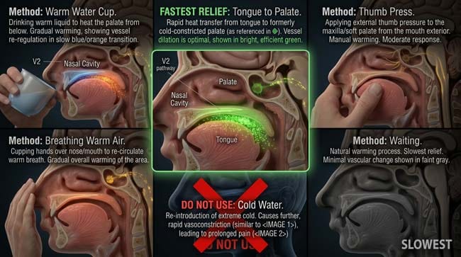3D comparison of six brain freeze relief methods showing tongue to roof of mouth as the fastest method for sphenopalatine ganglion deactivation and pain relief