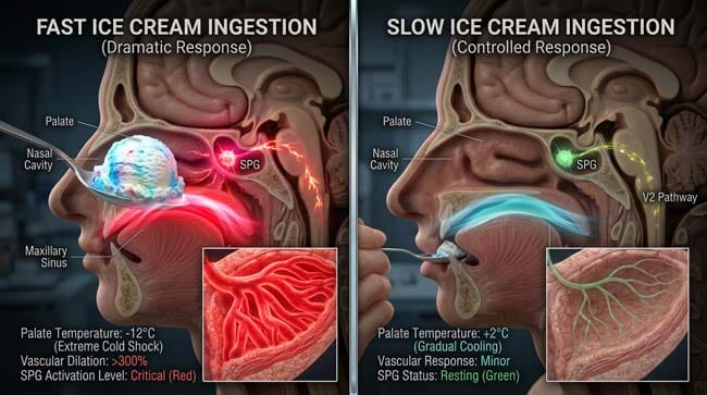 3D simulation comparing fast versus slow ice cream eating showing how eating pace affects sphenopalatine ganglion activation and brain freeze prevention