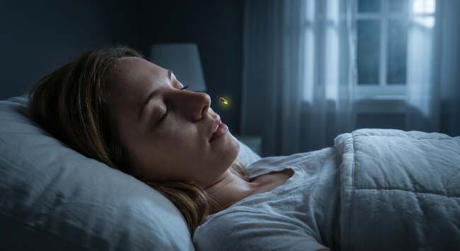 A person sleeping with a tiny bug near their nose illustrating the common scenario of accidentally inhaling an insect while sleeping and how the nasal defense system responds