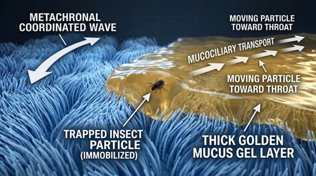 3D visualization of nasal cavity mucociliary escalator showing coordinated cilia beating transporting a trapped insect particle through golden mucus toward the throat