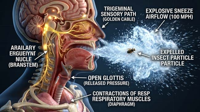 3D visualization of the sneeze reflex showing trigeminal nerve activation and 100 mph explosive airflow expelling an inhaled bug from the nasal cavity as an emergency defense response