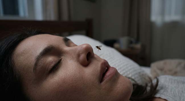A person sleeping peacefully with a tiny bug hovering near their nose illustrating the common experience of accidentally inhaling an insect while sleeping and the body's nasal defense response