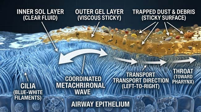3D cross-section visualization of the mucociliary escalator showing two-layer mucus system with cilia beating in coordinated metachronal waves transporting trapped inhaled particles toward the throat