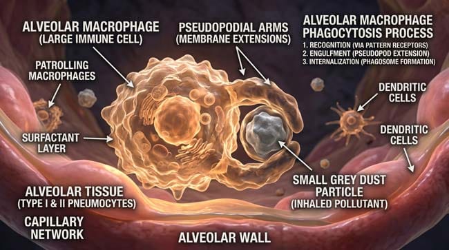 3D visualization of alveolar macrophage performing phagocytosis on an inhaled dust particle showing the last line of defense for removing particles that reach the deepest lung alveoli