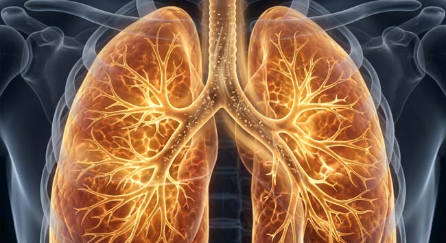 A visualization of healthy human lungs with airways actively clearing inhaled particles illustrating how the mucociliary escalator cough reflex and alveolar macrophages continuously remove inhaled particles from the respiratory system