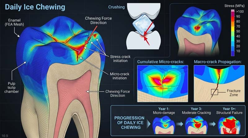 D stress analysis of tooth enamel cracking from chewing ice daily.