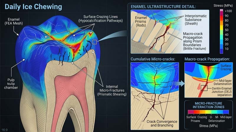 Micro-fractures and crazing lines on a 3D tooth model simulation.