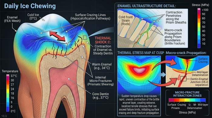 Thermal shock visualization in 3D: Cold ice vs warm tooth structure.
