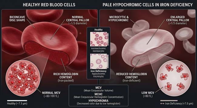 3D comparison of healthy red blood cells vs pale hypochromic cells in iron deficiency.