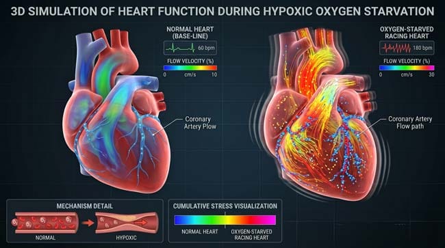 3D simulation of a racing heart pumping faster due to oxygen starvation
