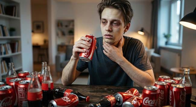 A dehydrated person surrounded by cola cans with no water visible illustrating how drinking only cola causes osmotic dehydration phosphoric acid calcium loss and fructose liver stress