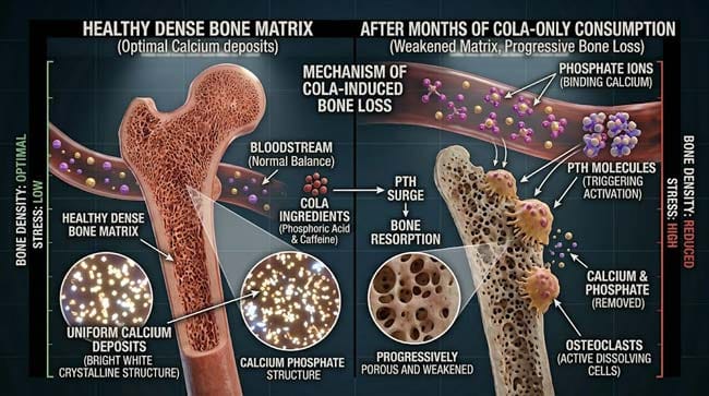 3D comparison of healthy bone versus cola damaged bone showing phosphoric acid binding blood calcium triggering PTH osteoclast activation and progressive bone density loss from exclusive cola consumption