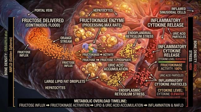 3D visualization of liver hepatocytes overwhelmed by fructose from cola consumption showing fat droplet accumulation uric acid production and inflammatory cytokine release leading to non-alcoholic fatty liver disease