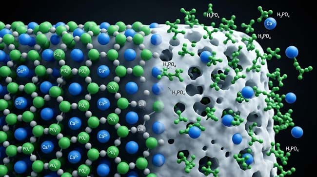 3D atomic visualization of tooth enamel hydroxyapatite crystal lattice being dissolved by cola phosphoric acid showing calcium ions being extracted from crystal positions creating progressive enamel erosion pits