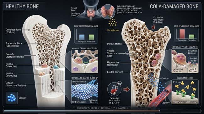 3D comparison of healthy bone versus cola damaged bone showing PTH activated osteoclasts dissolving bone matrix and releasing calcium due to phosphoric acid blood calcium depletion from chronic cola consumption