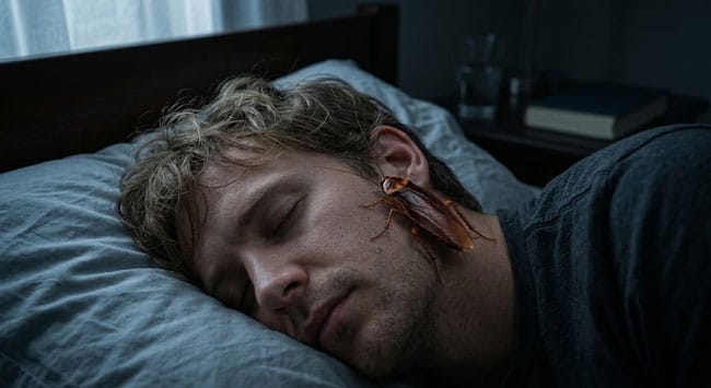 A sleeping person with a cockroach crawling toward their ear illustrating the common scenario of insects entering the ear canal during sleep and the anatomical reasons why the ear canal creates a perfect trap
