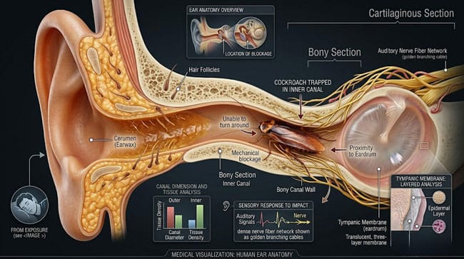 3D anatomical cross-section of human ear canal showing S-shaped curvature cartilaginous outer section bony inner section and tympanic membrane creating the perfect anatomical trap for cockroaches
