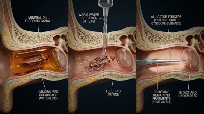 3D visualization of emergency cockroach ear removal procedure showing mineral oil immobilization warm water irrigation and alligator forceps extraction under otoscope guidance to protect the tympanic membrane