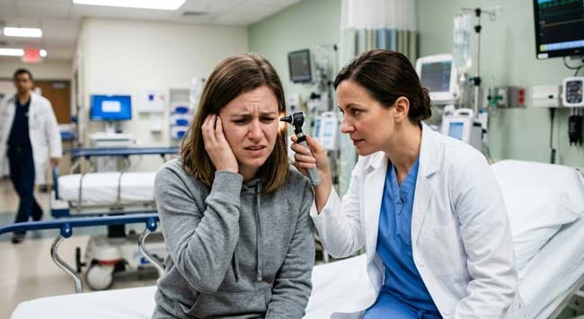 A patient in an emergency room having their ear examined by a doctor with an otoscope illustrating the professional medical protocol for how to remove insect from ear safely after oil immobilization