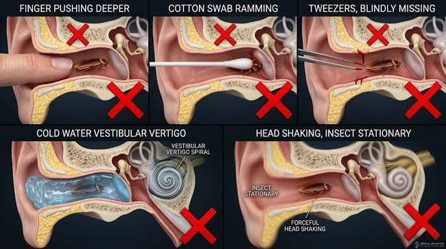 3D comparison of five wrong methods to remove insect from ear showing fingers cotton swabs tweezers cold water and head shaking all making the situation worse with tympanic membrane damage risks