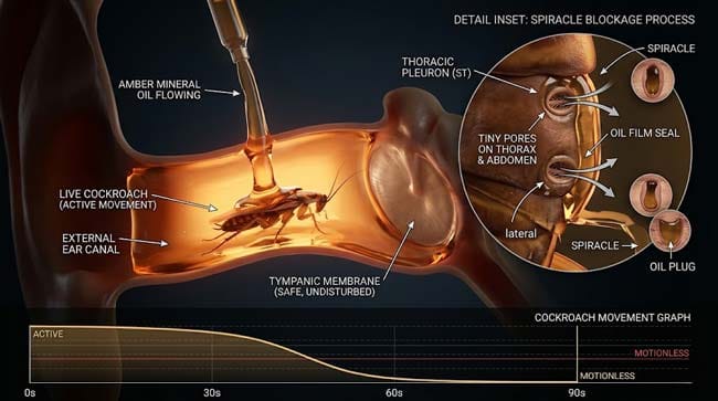 3D visualization of mineral oil immobilization method for ear insect removal showing oil surrounding cockroach blocking spiracle breathing pores causing progressive immobilization within 90 seconds