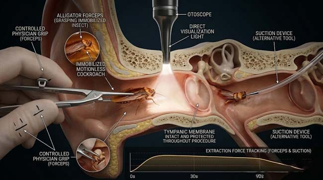 3D visualization of professional emergency room ear insect removal showing alligator forceps and suction device extraction under otoscope guidance protecting the tympanic membrane from damage