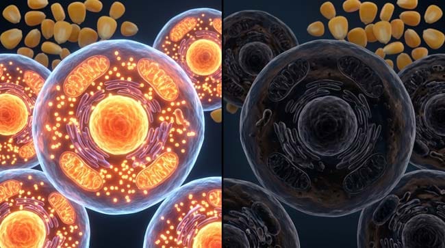 3D medical visualization of NAD+ energy molecule depletion inside human cells showing what happens to the body when vitamin B3 is absent from a corn-only diet