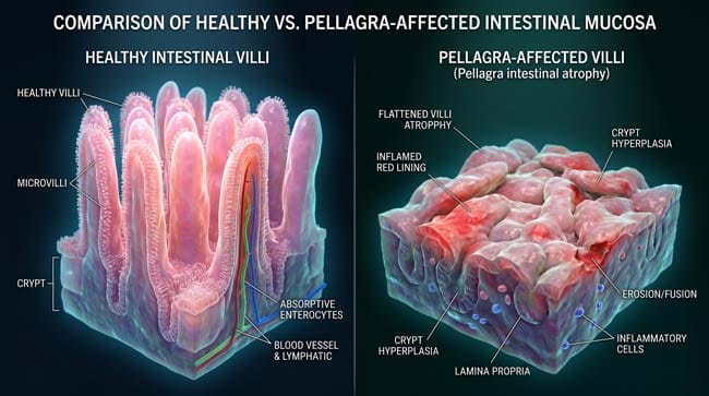3D comparison of healthy intestinal villi versus Pellagra-damaged flattened villi showing digestive system deterioration from vitamin B3 deficiency on a corn-only diet