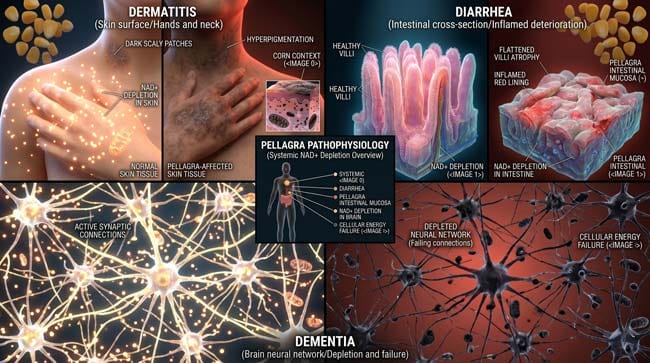 3D visualization of the four Ds of Pellagra showing dermatitis skin damage intestinal deterioration and neurological synaptic failure from corn-only diet vitamin B3 deficiency
