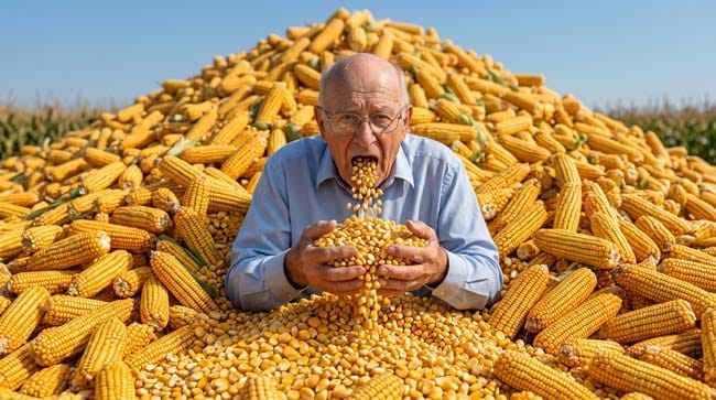 A man buried in a pile of corn eating corn kernels illustrating what happens to the human body when corn becomes the only food source leading to vitamin B3 deficiency and pellagra