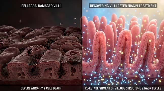 3D visualization of intestinal villi recovery after vitamin B3 niacin supplementation treatment showing pellagra healing process and NAD+ restoration