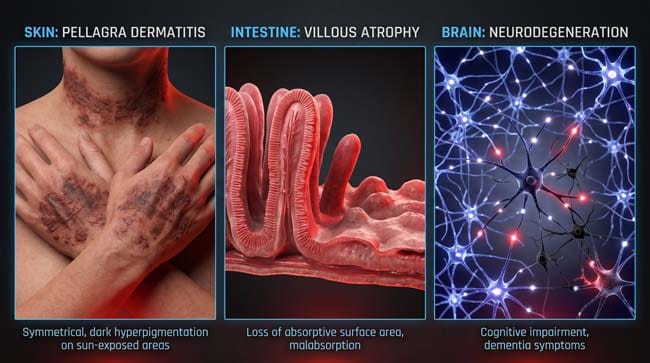 3D visualization of the three primary vitamin B3 deficiency symptoms showing pellagra skin rash intestinal villi deterioration and neurological synaptic failure simultaneously