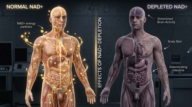 3D medical visualization showing healthy body with abundant NAD+ energy versus vitamin B3 deficiency state with cellular energy failure skin damage and neurological deterioration