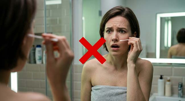 A person holding a Q-tip near their ear with a warning expression illustrating why you should not clean ears with Q-tips due to earwax compaction risk tympanic membrane perforation and disruption of the ear self-cleaning system