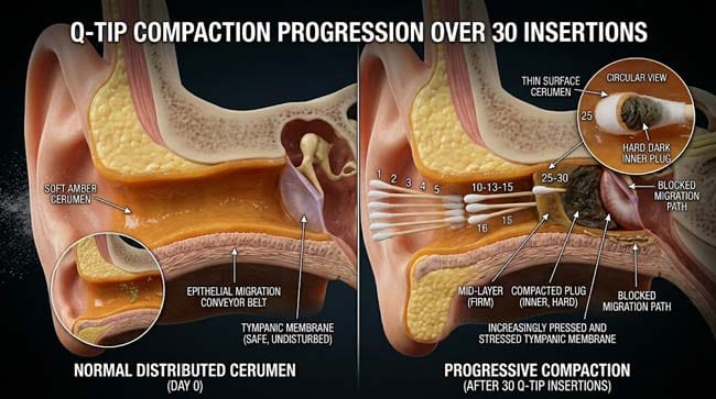 3D time-lapse showing Q-tip ear cleaning paradox with cotton swab removing surface cerumen while compacting deeper wax into progressively harder plug pressing against the tympanic membrane over 30 insertions
