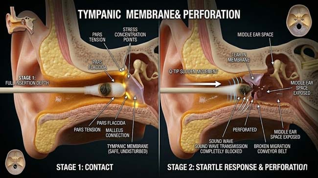 3D visualization of Q-tip tympanic membrane perforation showing cotton swab reaching eardrum stress concentration points and perforation from sudden insertion movement blocking sound transmission and exposing middle ear