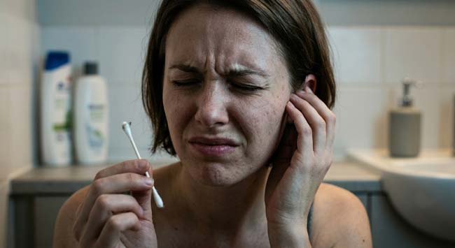 A person wincing in ear pain holding a Q-tip illustrating the spectrum of Q-tip ear damage from cerumen impaction and microbiome disruption to tympanic membrane perforation and ossicular chain injury