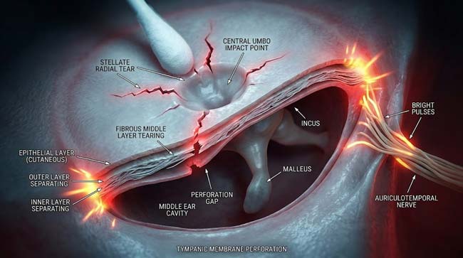 3D extreme close-up of tympanic membrane perforation from Q-tip impact showing stellate tear pattern propagating from central umbo through fibrous layer exposing middle ear cavity and triggering pain nerve signals