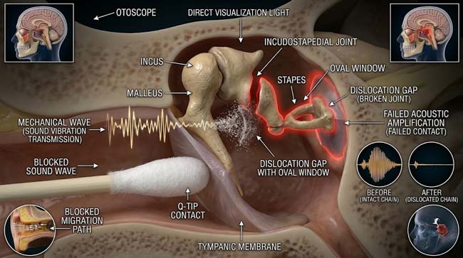 3D visualization of ossicular chain damage from forceful Q-tip insertion showing incudostapedial joint dislocation between malleus incus and stapes bones causing permanent conductive hearing loss